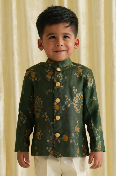 Pre-Order: Boy floral jacquard Bandhgala-Green