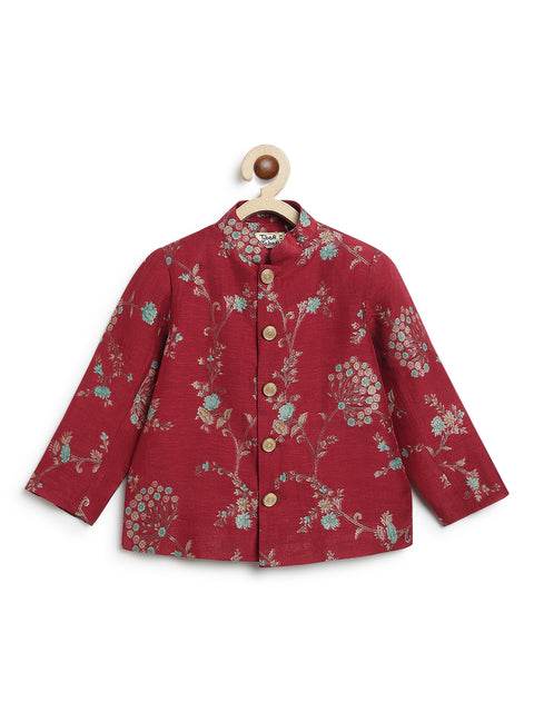 Pre-Order: Boy floral jacquard Bandhgala-Red