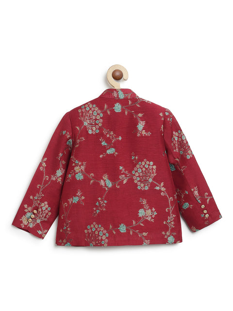 Pre-Order: Boy floral jacquard Bandhgala-Red