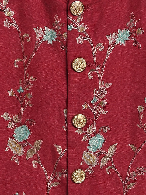 Pre-Order: Boy floral jacquard Bandhgala-Red