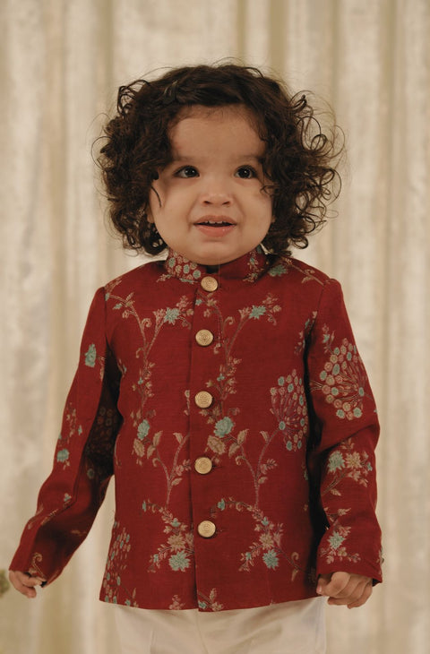 Pre-Order: Boy floral jacquard Bandhgala-Red