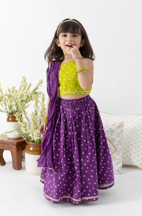 Pre-Order: Girl Bandhani Lehenga Set - Green