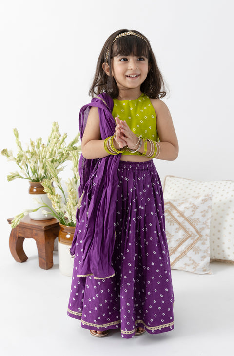 Pre-Order: Girl Bandhani Lehenga Set - Green