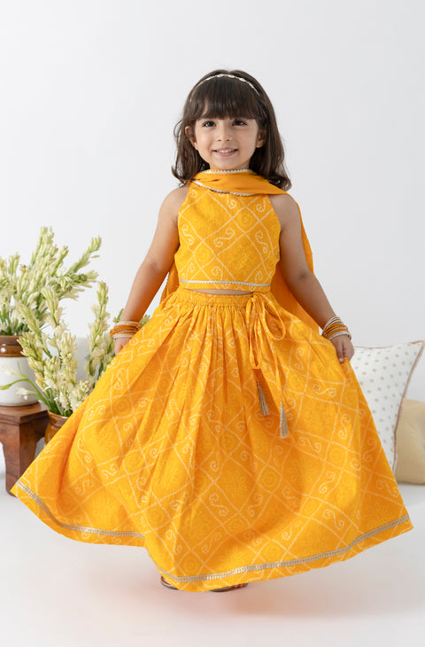 Pre-Order: Girl Bandhani Print Lehenga Set - Yellow