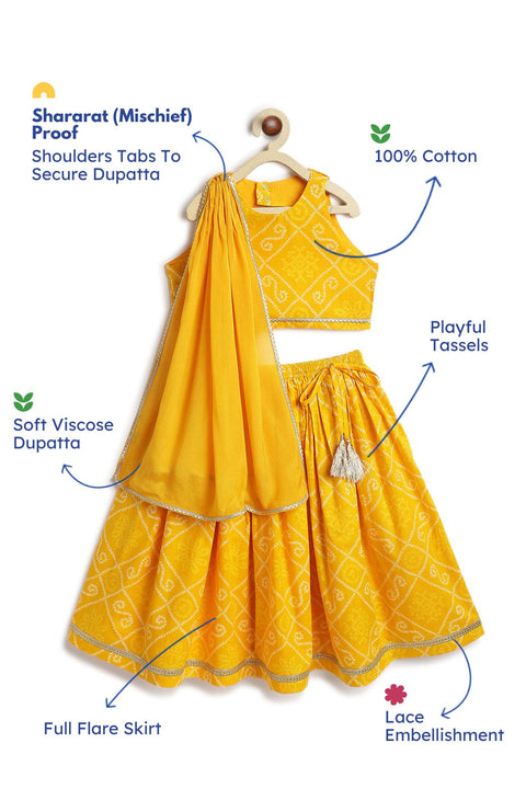 Pre-Order: Girl Bandhani Print Lehenga Set - Yellow