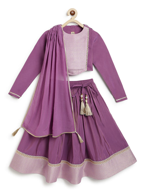 Pre-Order: Girl Brocade Lehenga Set-Purple