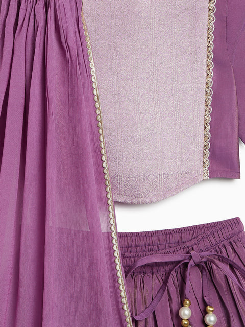 Pre-Order: Girl Brocade Lehenga Set-Purple