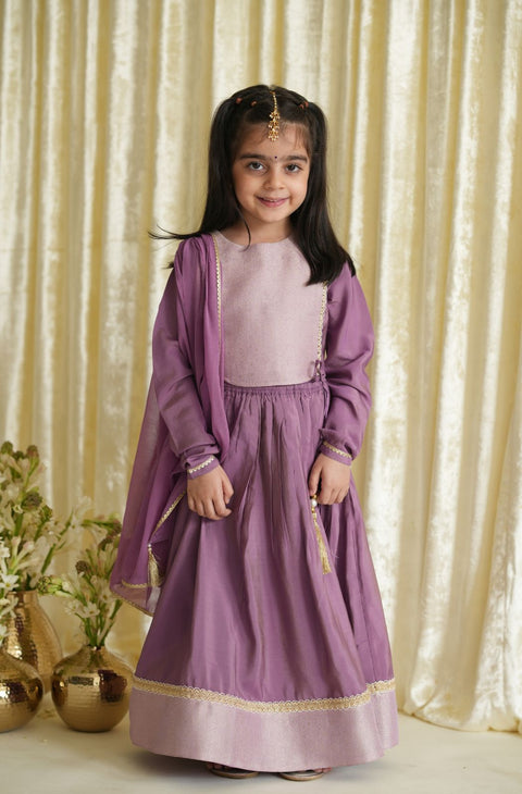 Pre-Order: Girl Brocade Lehenga Set-Purple