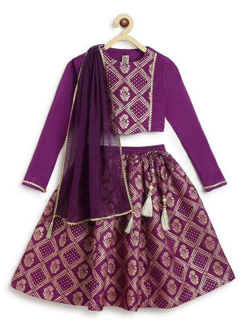 Pre-Order: Girl Regal Brocade Lehenga Set - Purple