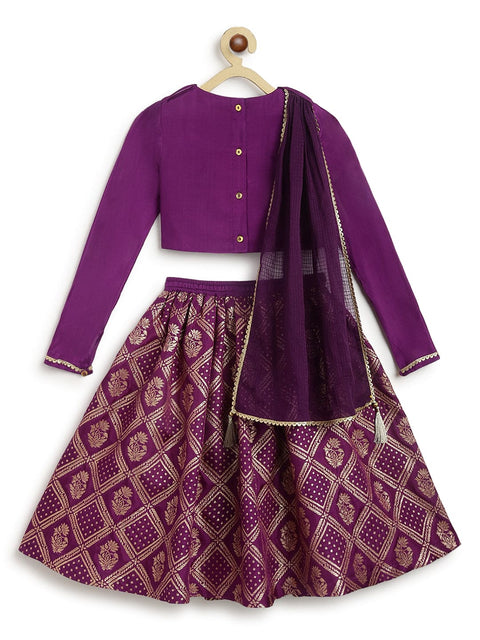 Pre-Order: Girl Regal Brocade Lehenga Set - Purple