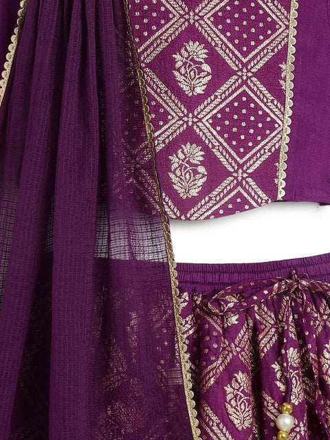 Pre-Order: Girl Regal Brocade Lehenga Set - Purple