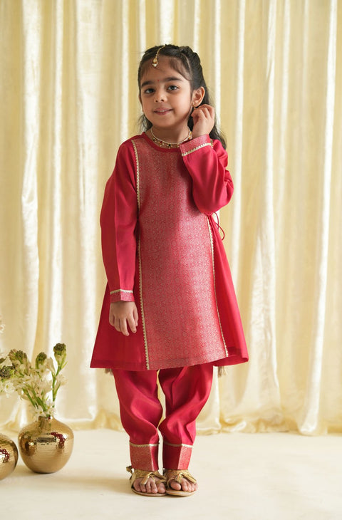 Pre-Order: Girl Brocade Suit Set-Red