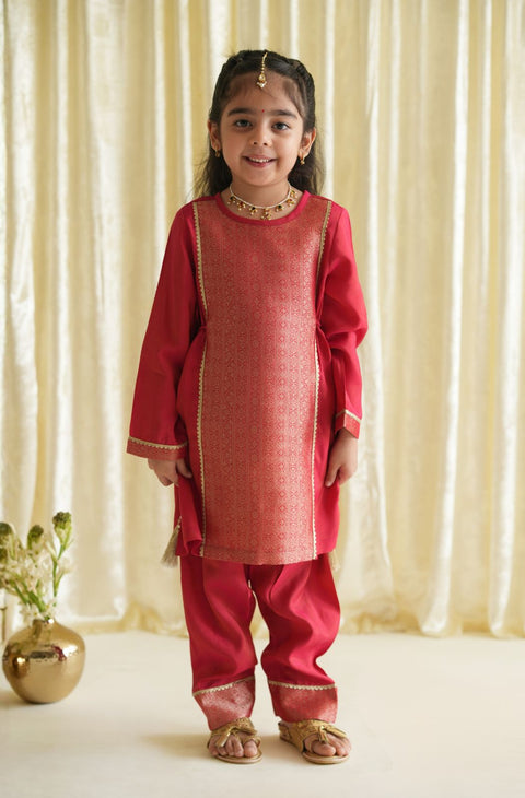 Pre-Order: Girl Brocade Suit Set-Red