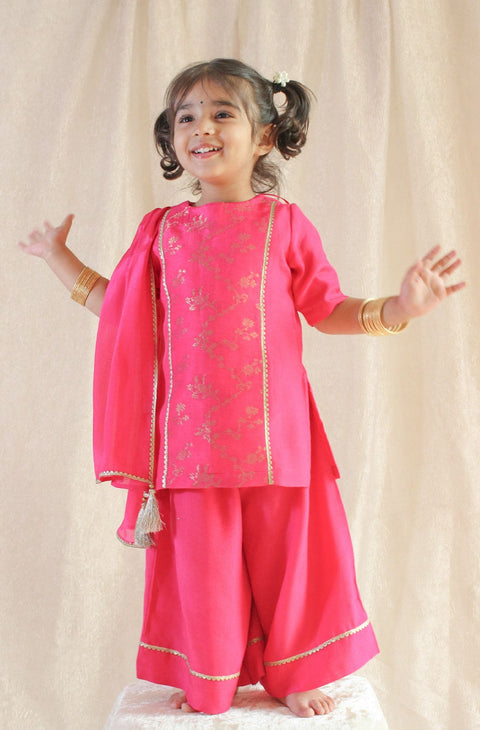 Pre-Order: Girl Fuchsia Bloom Brocade Suit Set - Pink