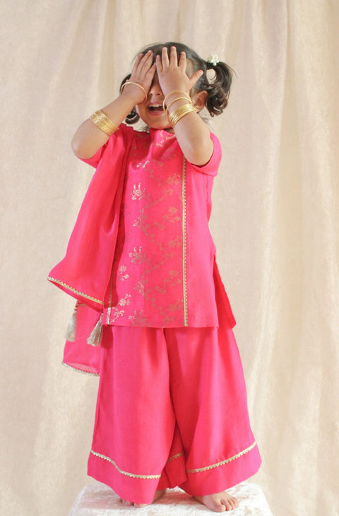 Pre-Order: Girl Fuchsia Bloom Brocade Suit Set - Pink