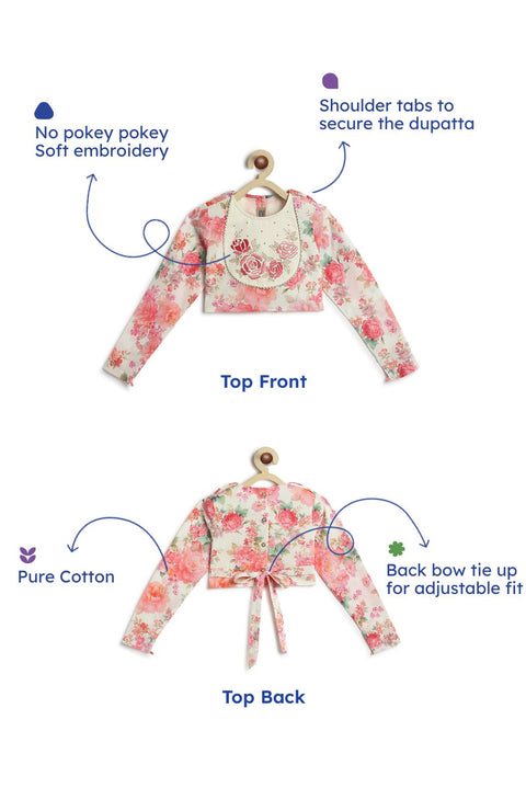 Pre-Order: Girl Floral Embroidery Lehenga Set - Cream