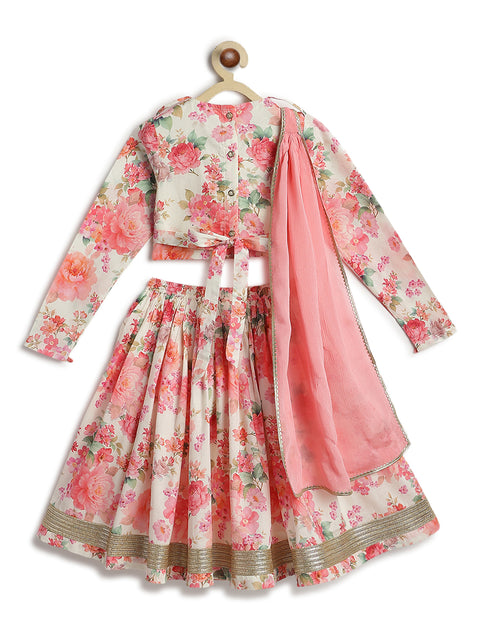 Pre-Order: Girl Floral Embroidery Lehenga Set - Cream