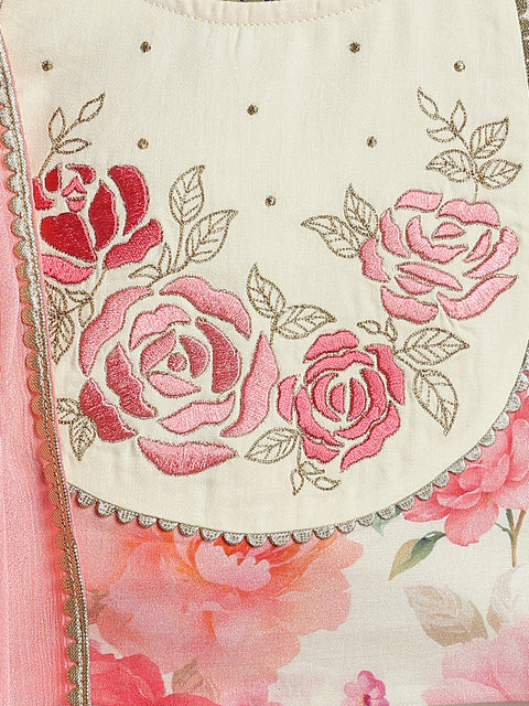 Pre-Order: Girl Floral Embroidery Lehenga Set - Cream