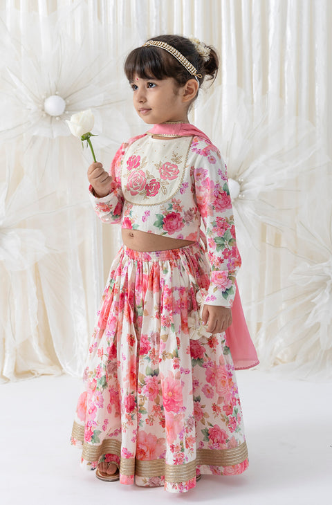 Pre-Order: Girl Floral Embroidery Lehenga Set - Cream