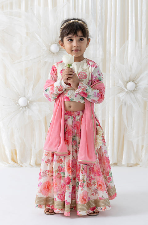 Pre-Order: Girl Floral Embroidery Lehenga Set - Cream