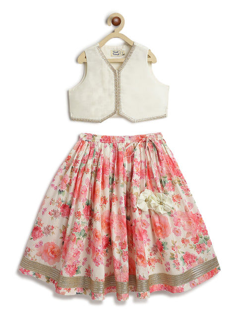 Pre-Order: Girl Floral Print Lehenga Set - Cream