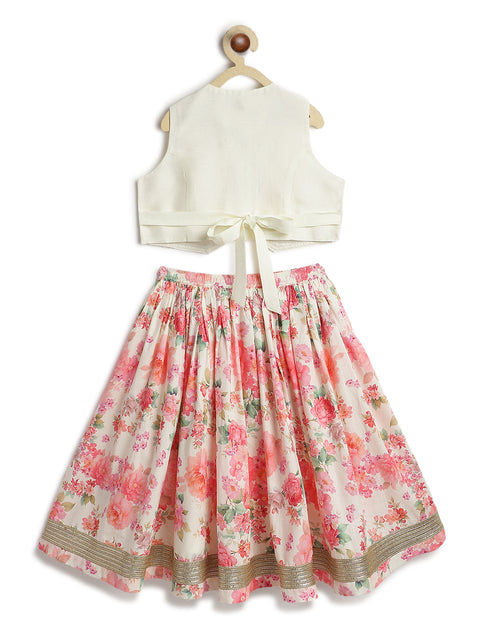 Pre-Order: Girl Floral Print Lehenga Set - Cream