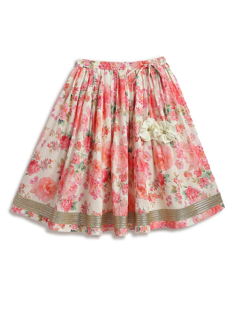 Pre-Order: Girl Floral Print Lehenga Set - Cream