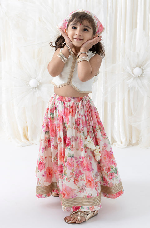 Pre-Order: Girl Floral Print Lehenga Set - Cream