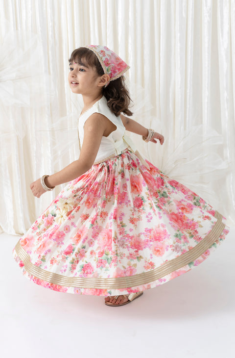 Pre-Order: Girl Floral Print Lehenga Set - Cream