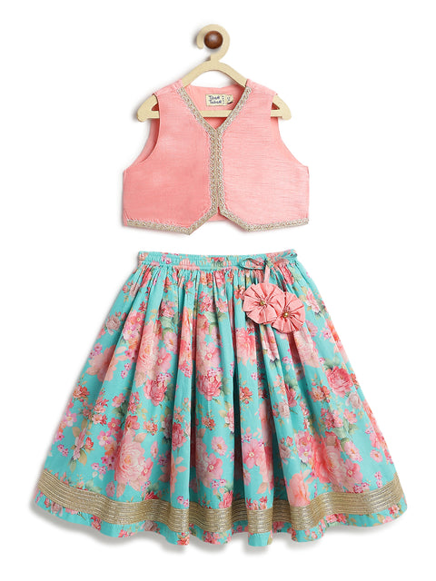 Pre-Order: Girl Floral Print Lehenga Set - Pink