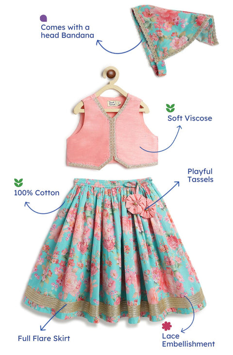 Pre-Order: Girl Floral Print Lehenga Set - Pink