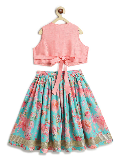 Pre-Order: Girl Floral Print Lehenga Set - Pink
