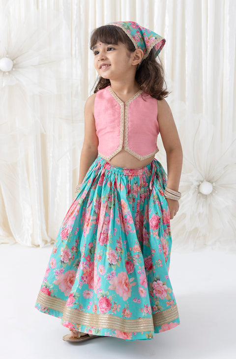 Pre-Order: Girl Floral Print Lehenga Set - Pink