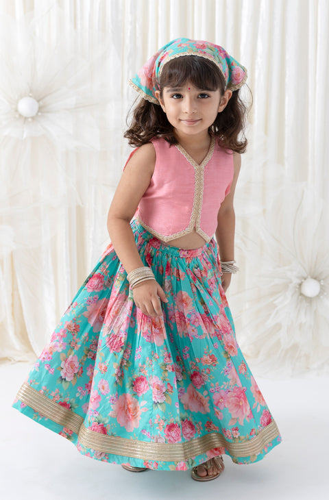 Pre-Order: Girl Floral Print Lehenga Set - Pink