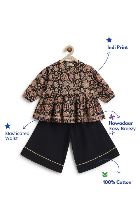 Pre-Order:  Girl Floral Print Top Set-Black