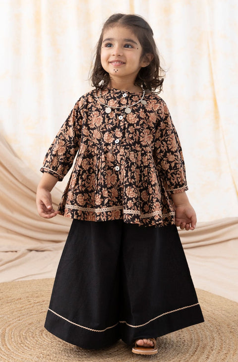 Pre-Order:  Girl Floral Print Top Set-Black