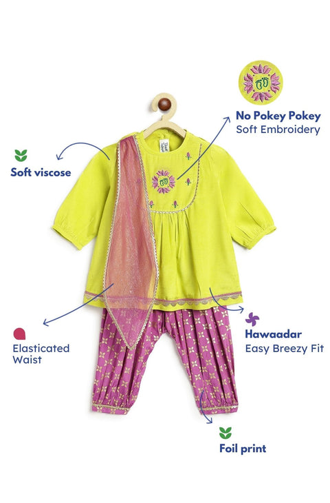 Pre-Order: Girl Lotus Embroidery Suit Set-Green