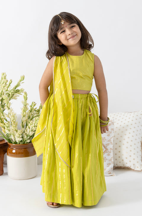 Pre-Order: Girl Lurex Lehenga Set - Green