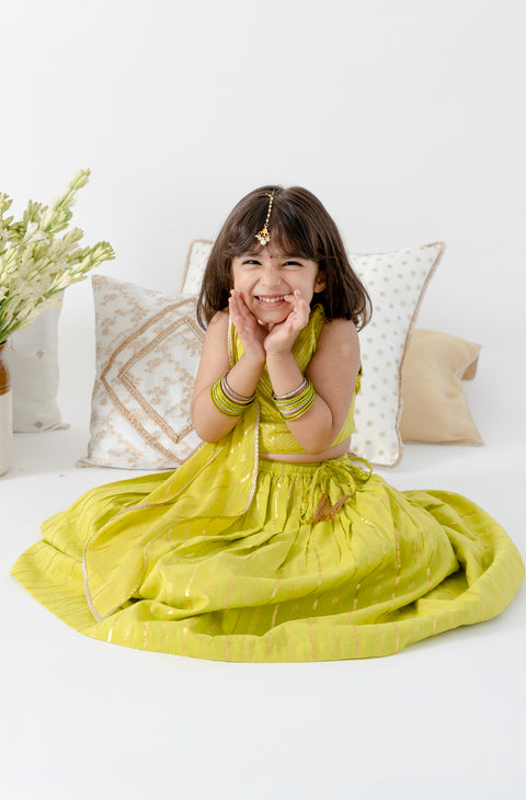 Pre-Order: Girl Lurex Lehenga Set - Green