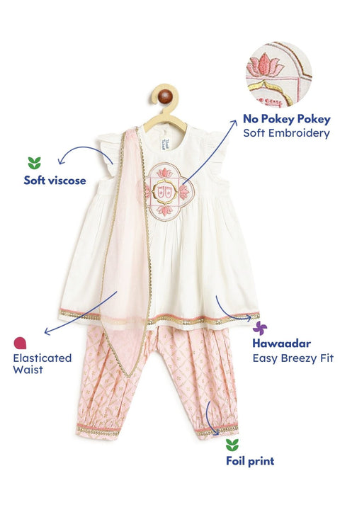 Pre-Order: Girl Ruffle Sleeve Lotus Embroidery Suit Set-White