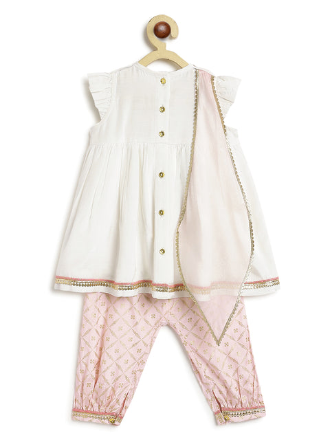 Pre-Order: Girl Ruffle Sleeve Lotus Embroidery Suit Set-White