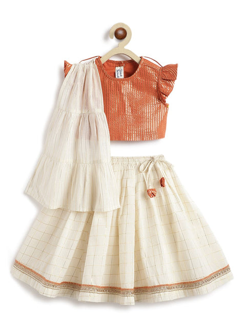 Pre-Order: Girl Stripes Lurex Lehenga Set-Orange