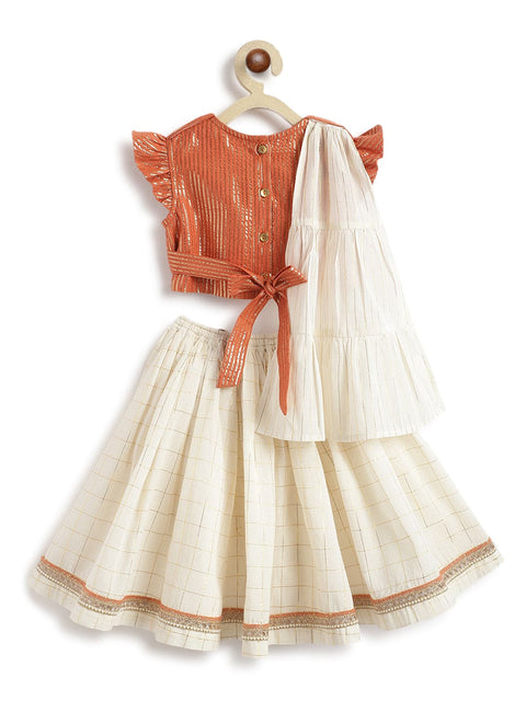 Pre-Order: Girl Stripes Lurex Lehenga Set-Orange