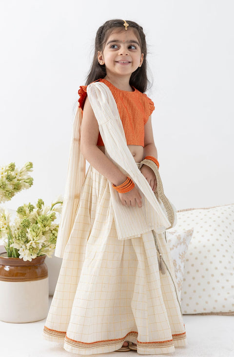 Pre-Order: Girl Stripes Lurex Lehenga Set-Orange