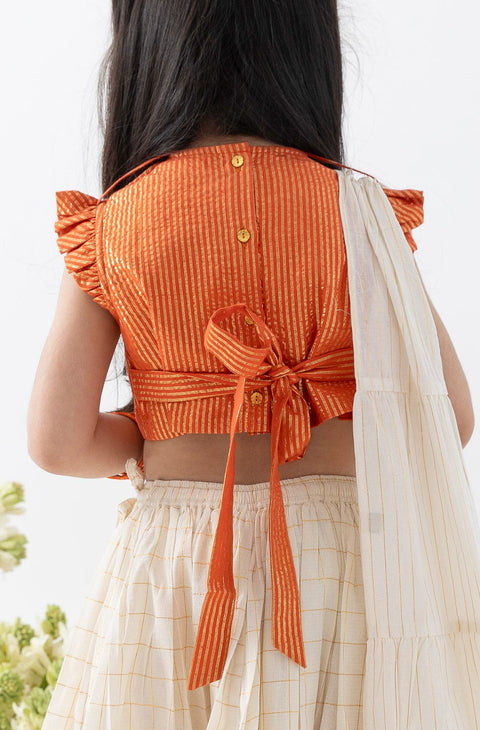 Pre-Order: Girl Stripes Lurex Lehenga Set-Orange