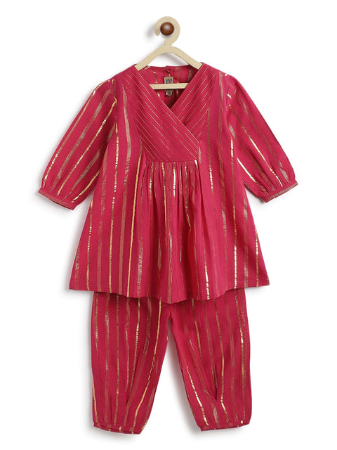 Pre-Order: Girl Stripes Lurex Suit Set-Pink