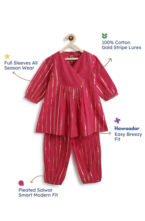 Pre-Order: Girl Stripes Lurex Suit Set-Pink