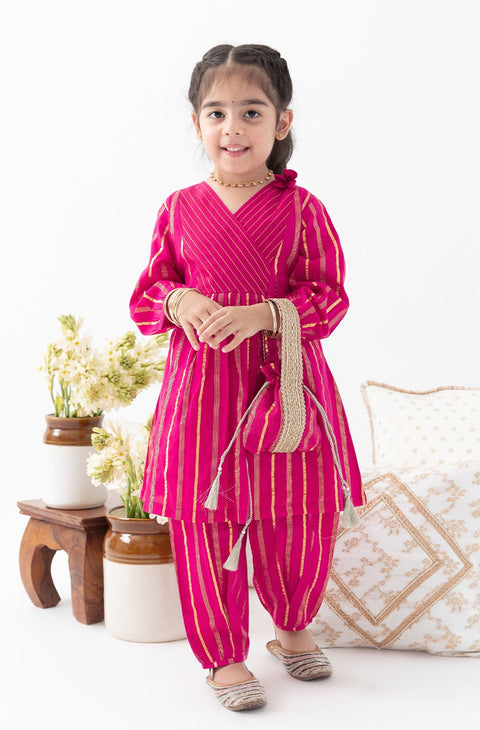Pre-Order: Girl Stripes Lurex Suit Set-Pink