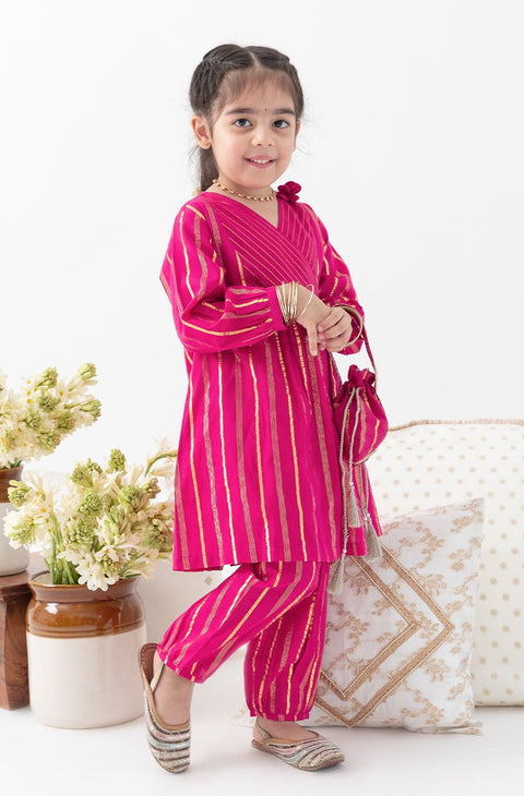 Pre-Order: Girl Stripes Lurex Suit Set-Pink