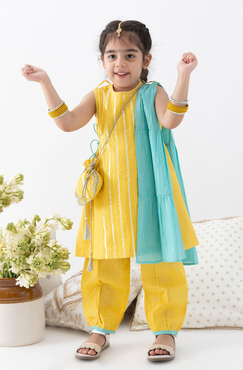 Pre-Order: Girl Stripes Lurex Suit Set-Yellow